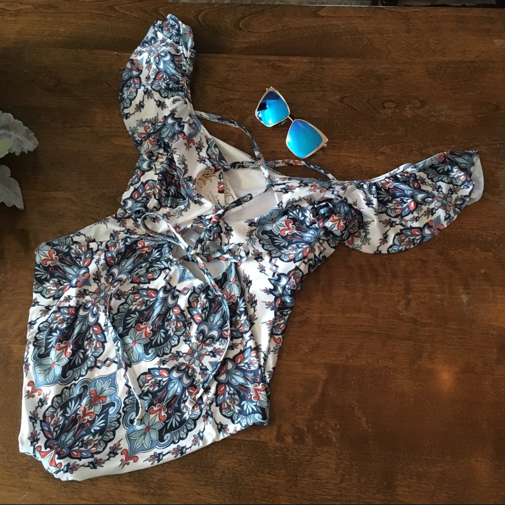 Becca Off the Shoulder Tie Back One Piece Swimsuit - Picture 2 of 6